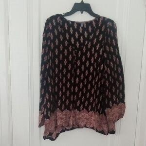 Black and Pink Patterned Blouse women large long sleeve light weight